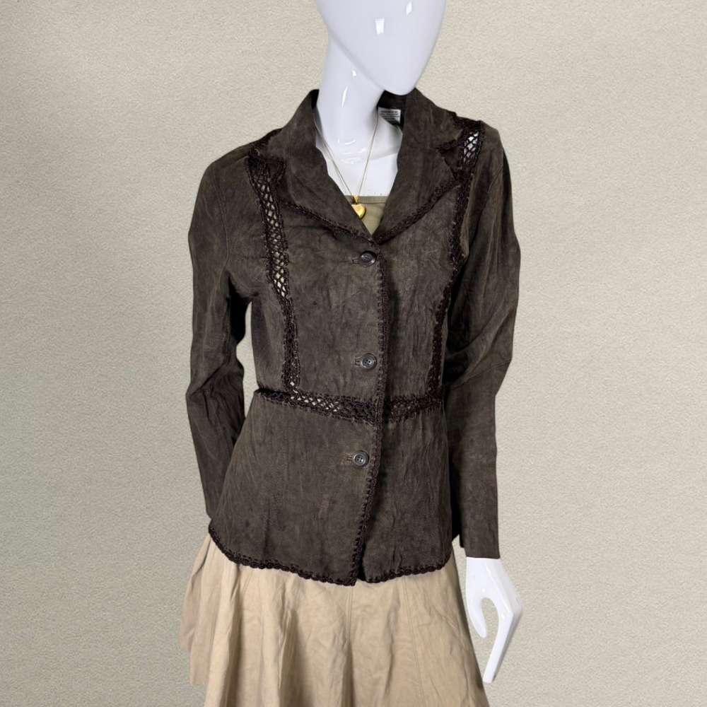 Brown Suede Jacket Crochet Trim Boho Fairy 2000s White Stag Medium‎
